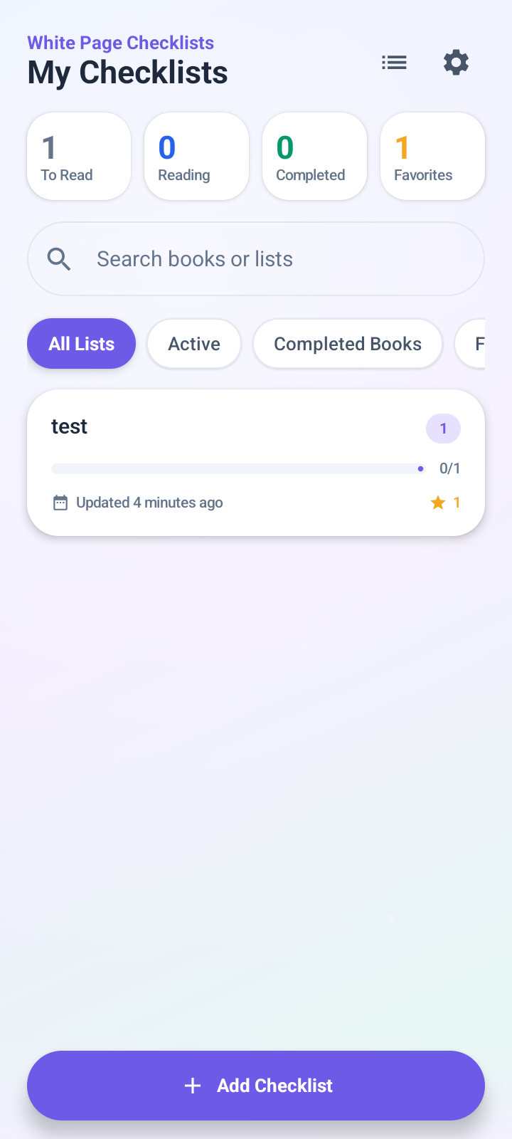 White Page Checklists main checklist screen