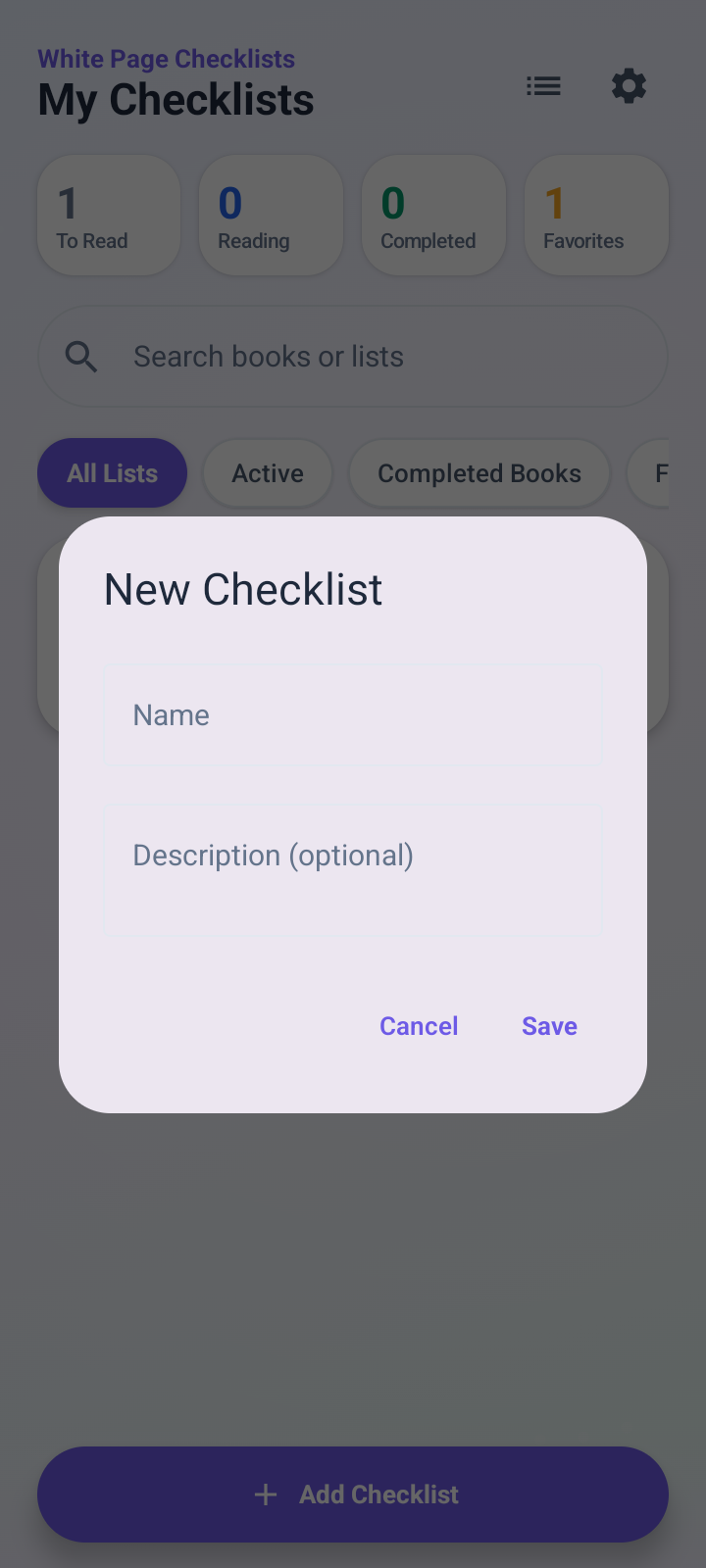 White Page Checklists new checklist modal